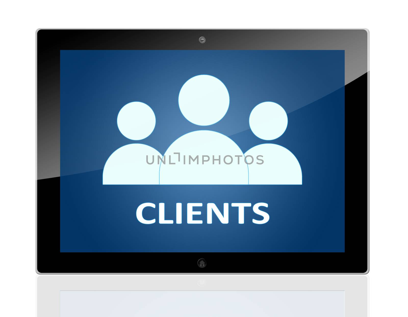 Tablet PC with people icons and word Clients on blue background - isolated on white background