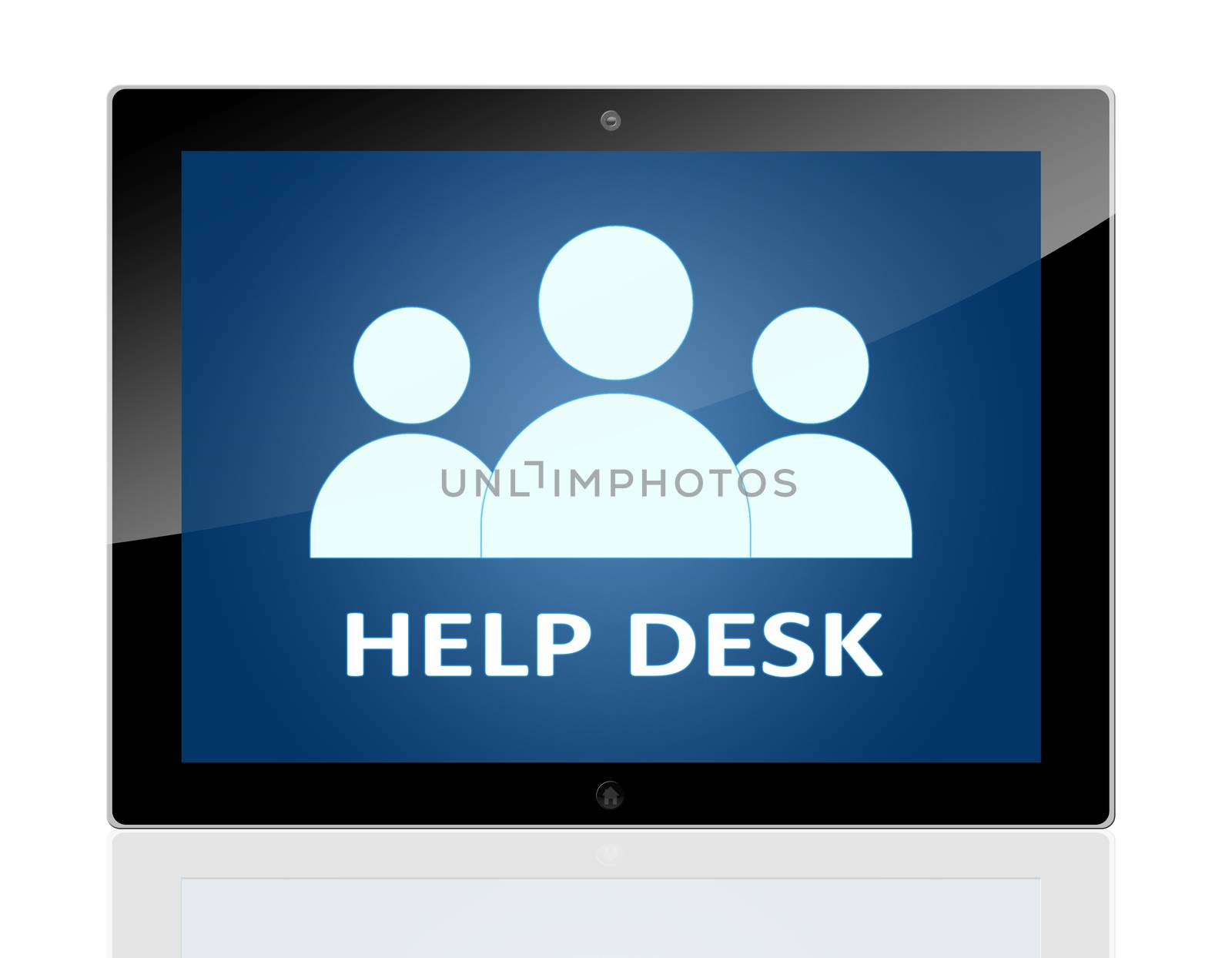 Tablet PC with people icons and words Help Desk on blue background - isolated on white background