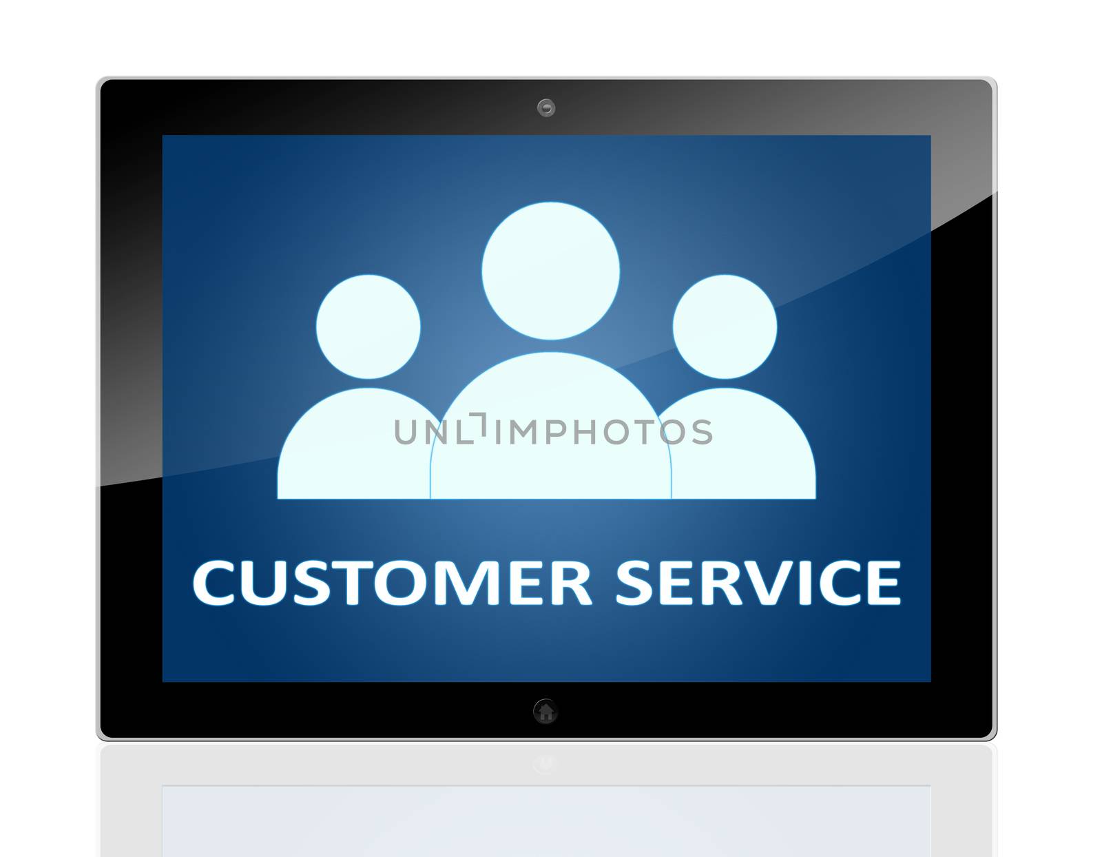 Tablet PC with people icons and words customer service on blue background - isolated on white background