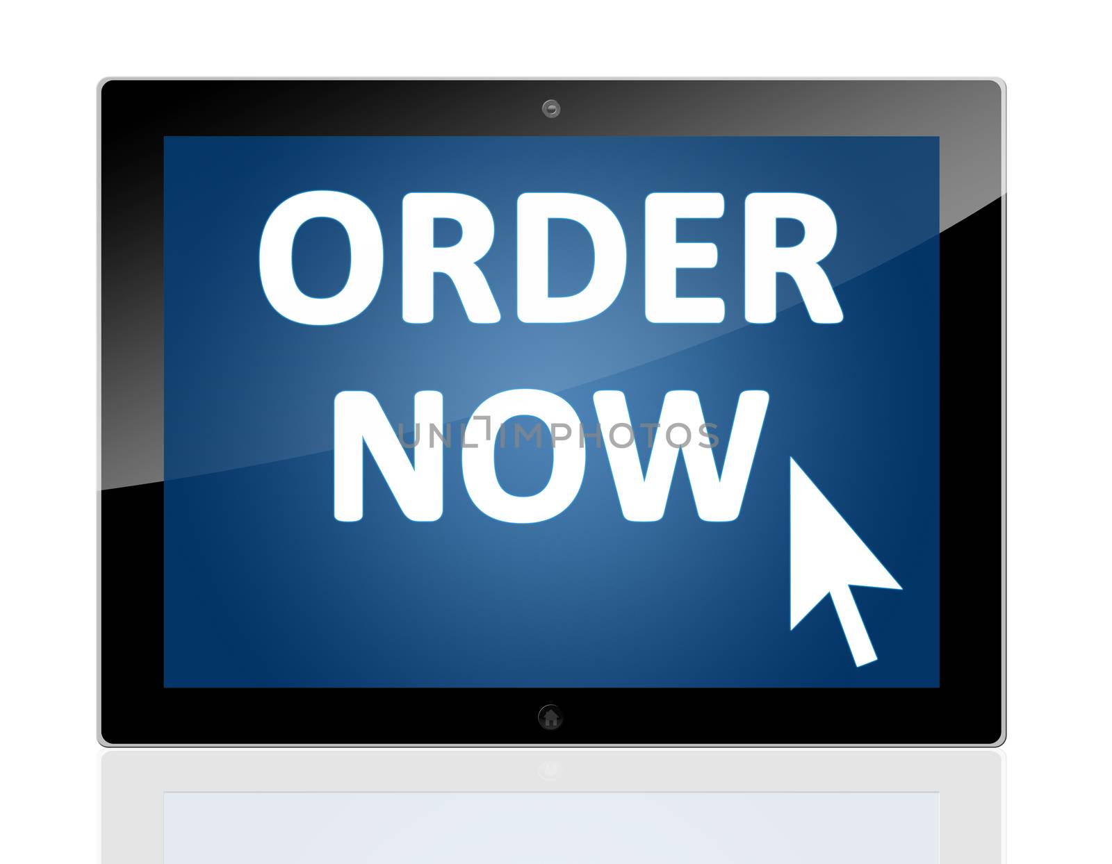 Tablet PC with a mouse cursor icon and words order now on blue background - isolated on white background