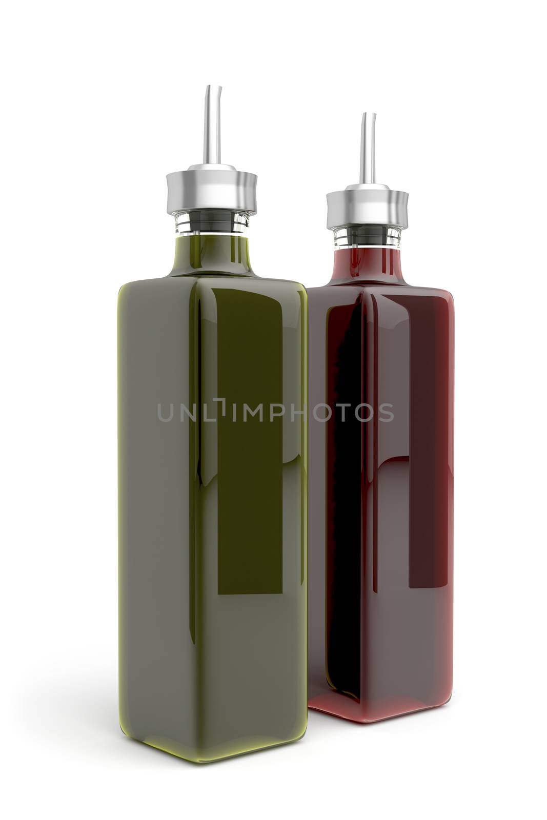 Olive oil and vinegar on white background