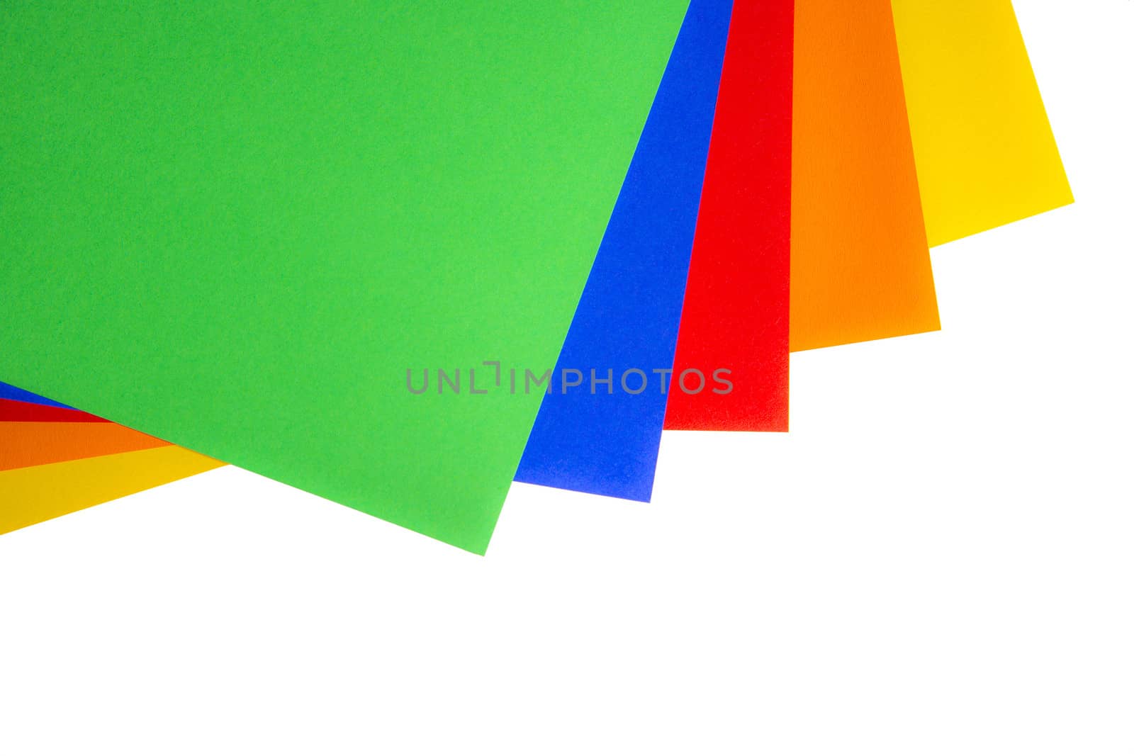 Sheets of paper with different colors green, blue, red, orange and yellow