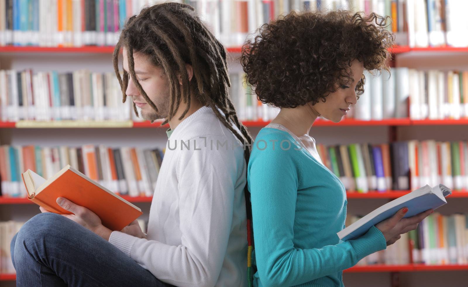 Two students learning together indoors in library
