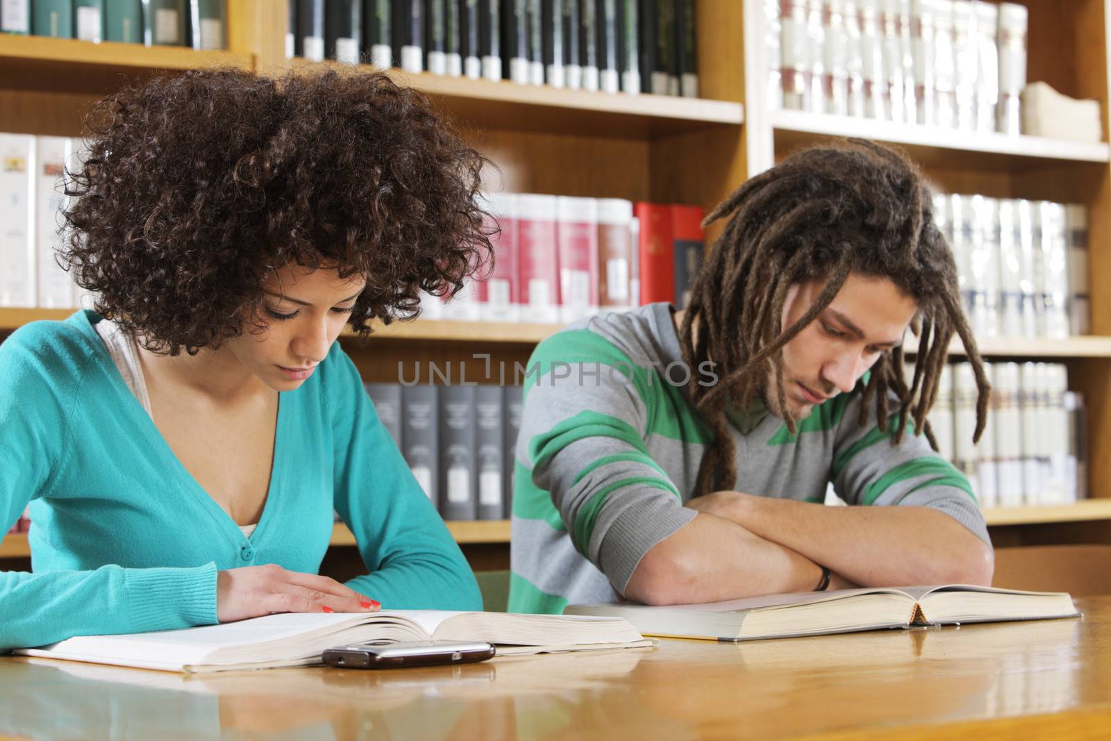 Two students learning together indoors in library