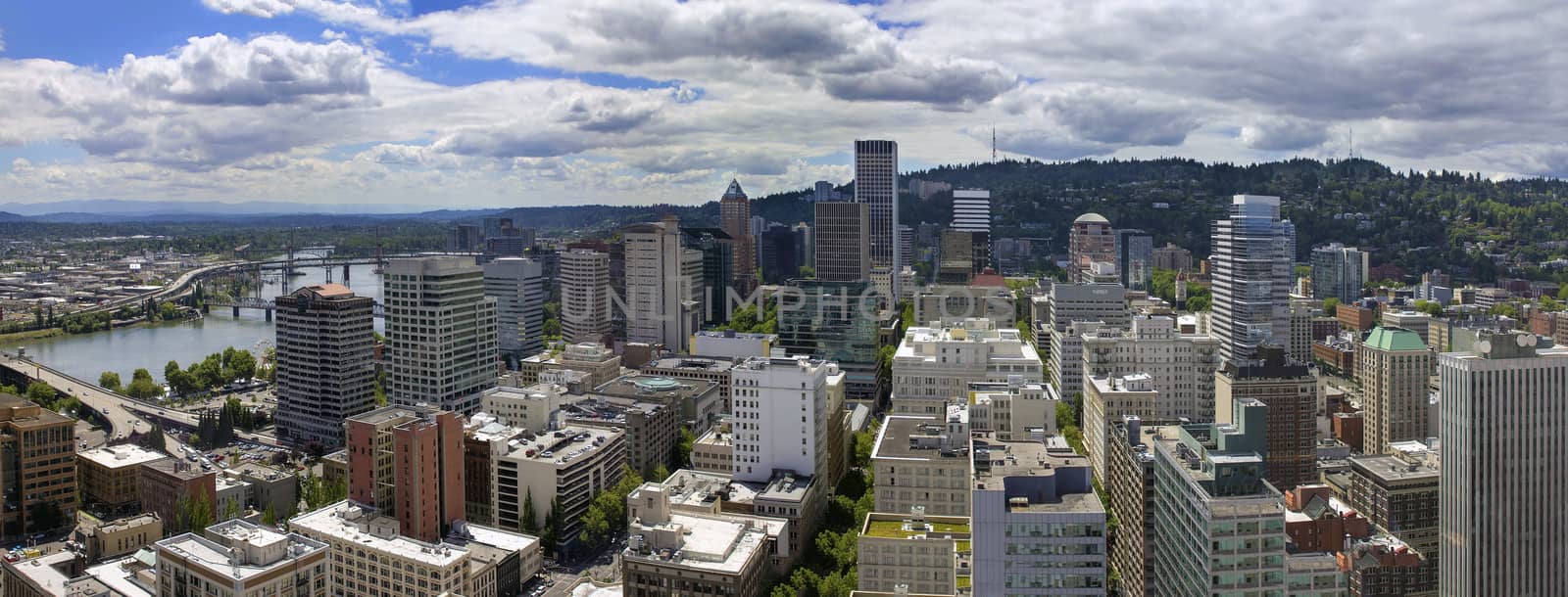 Portland Oregon Downtown Cityscape Aerial View with Cumulus Clouds Panorama