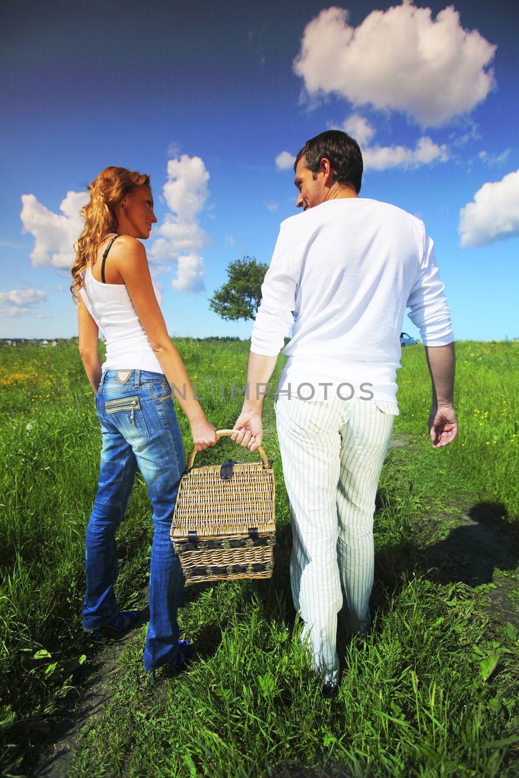 man and woman walk on picnic in green grass