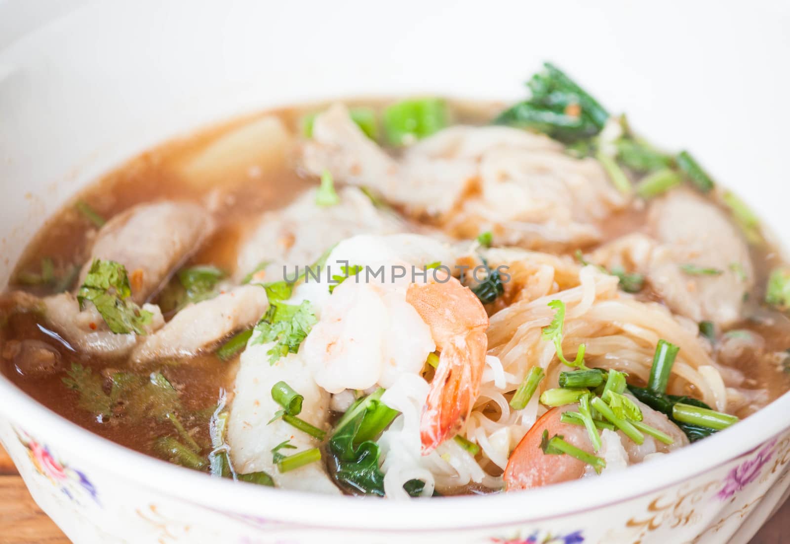 Thai spicy noodles  soup with pork and shrimp