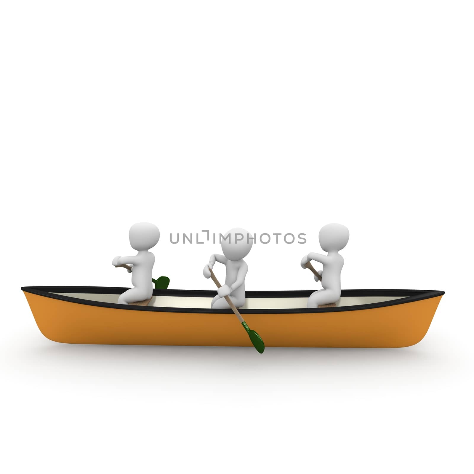 Three characters rowing together on a river in a canoe.