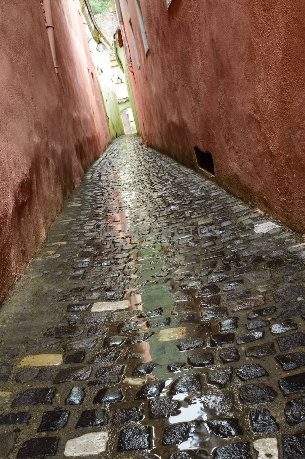 narrow street in old town in the rain