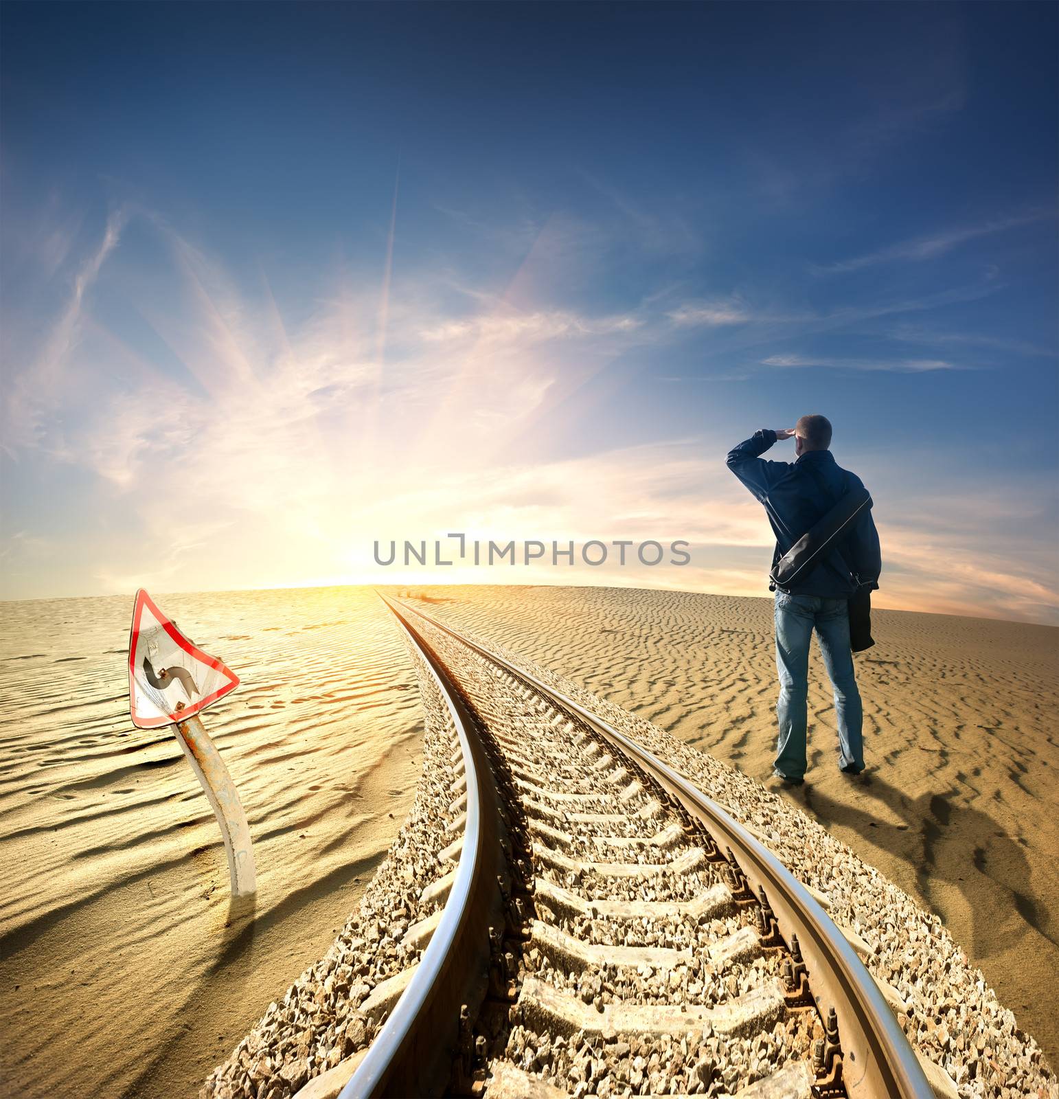 Man and railway in desert by Givaga
