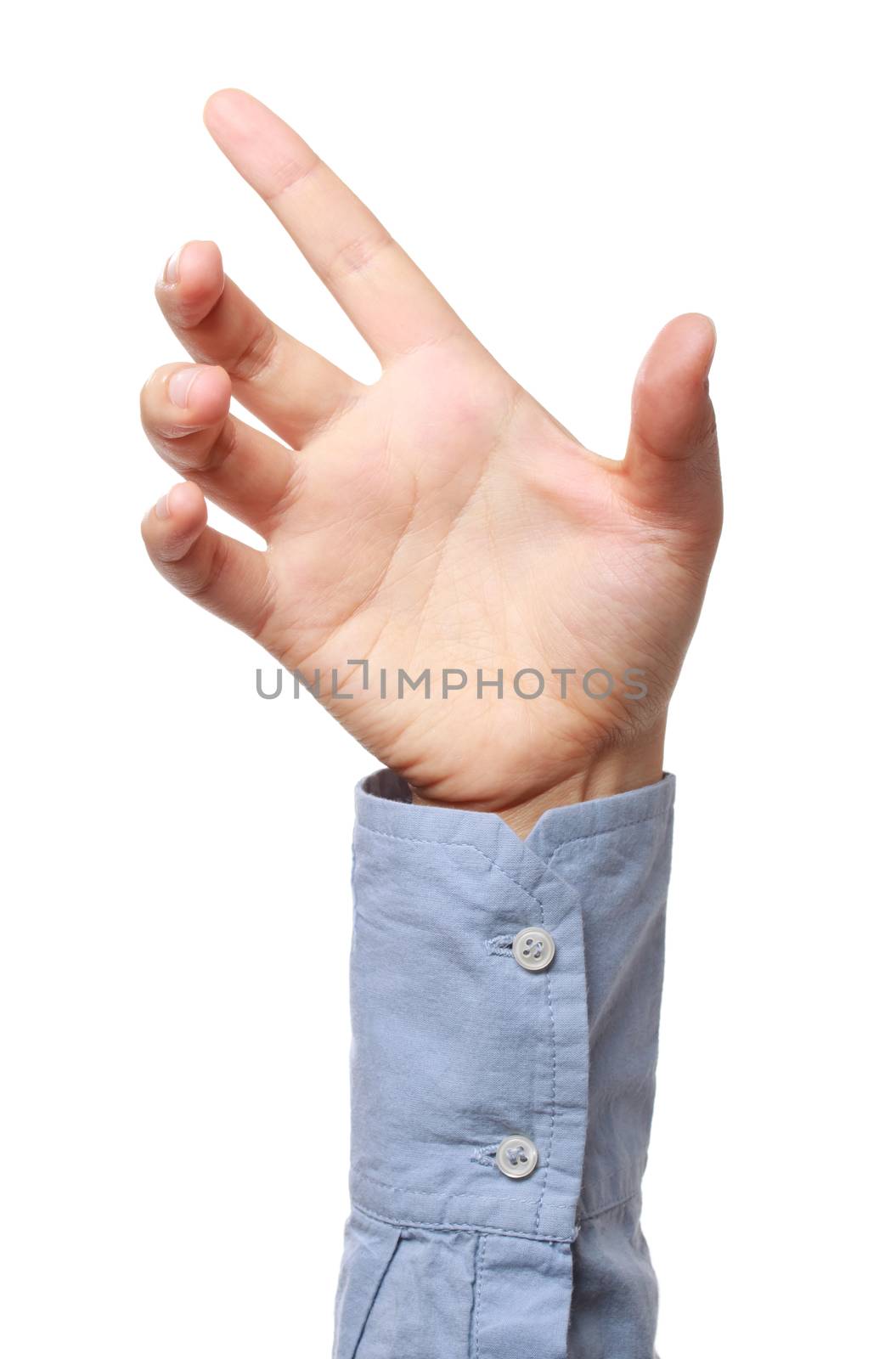 Hand positioned to hold a product isolated on white
