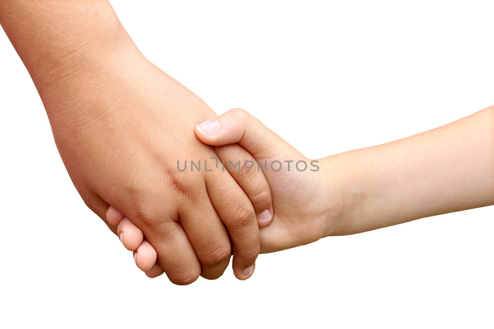 Children holding hands as a symbol of a brother and sister helping each other as siblings or school children in a grasp of unity isolated on white.
