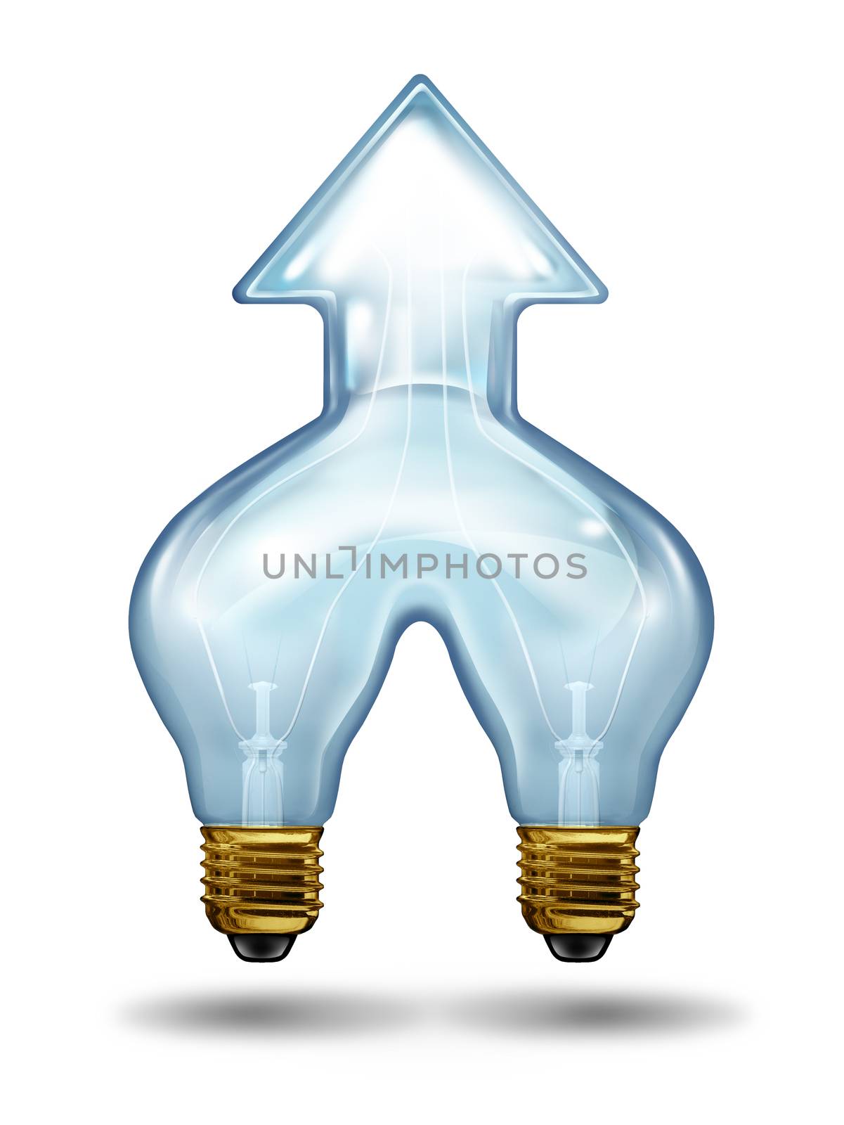 Creative success business concept for innovation cooperation with two high energy light bulb icons merged together forming a glass arrow shape going upward on a white background.