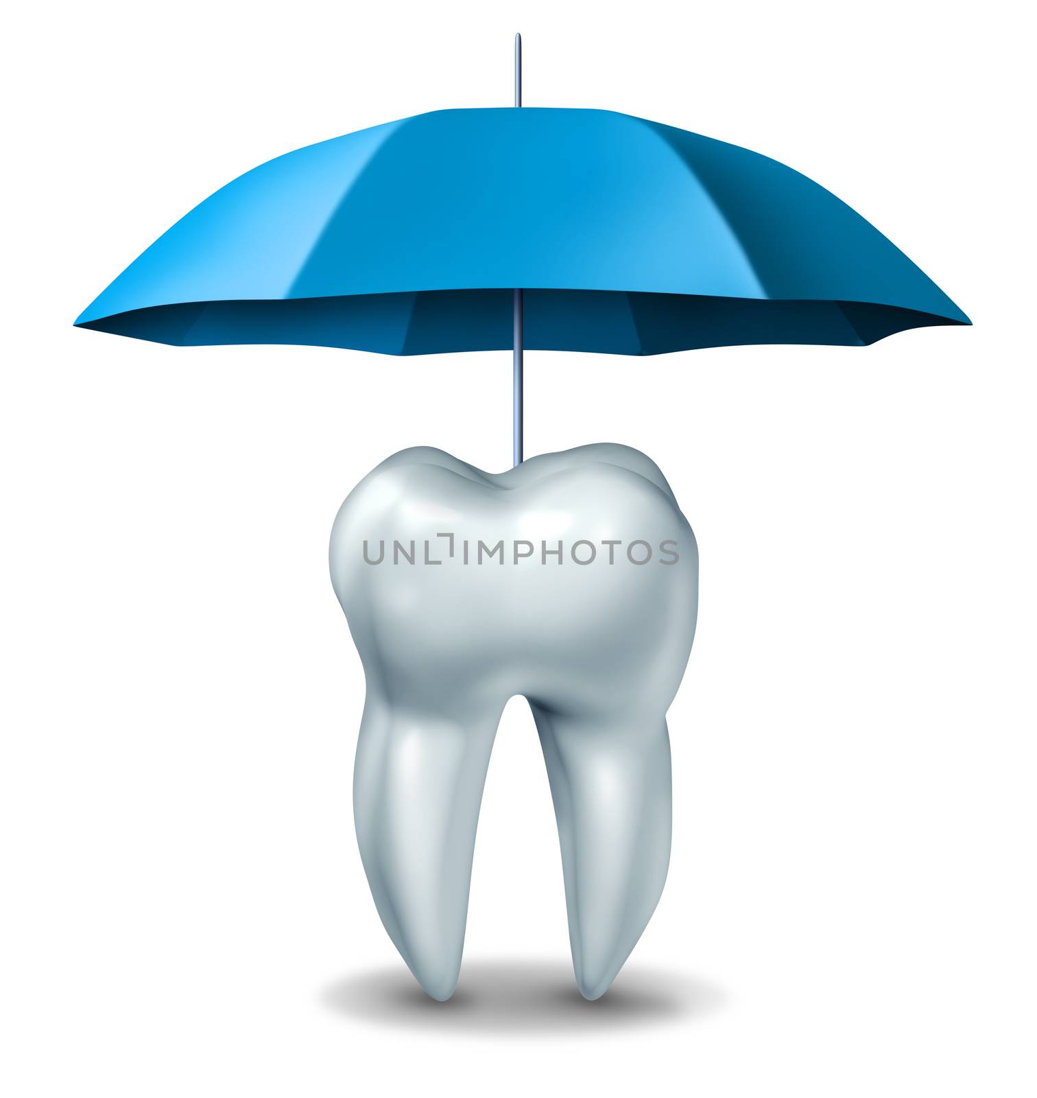 Dental protection plan medical dentistry concept with a white tooth being protected and getting pain relief by an umbrella against tooth decay and cavities on a white background.