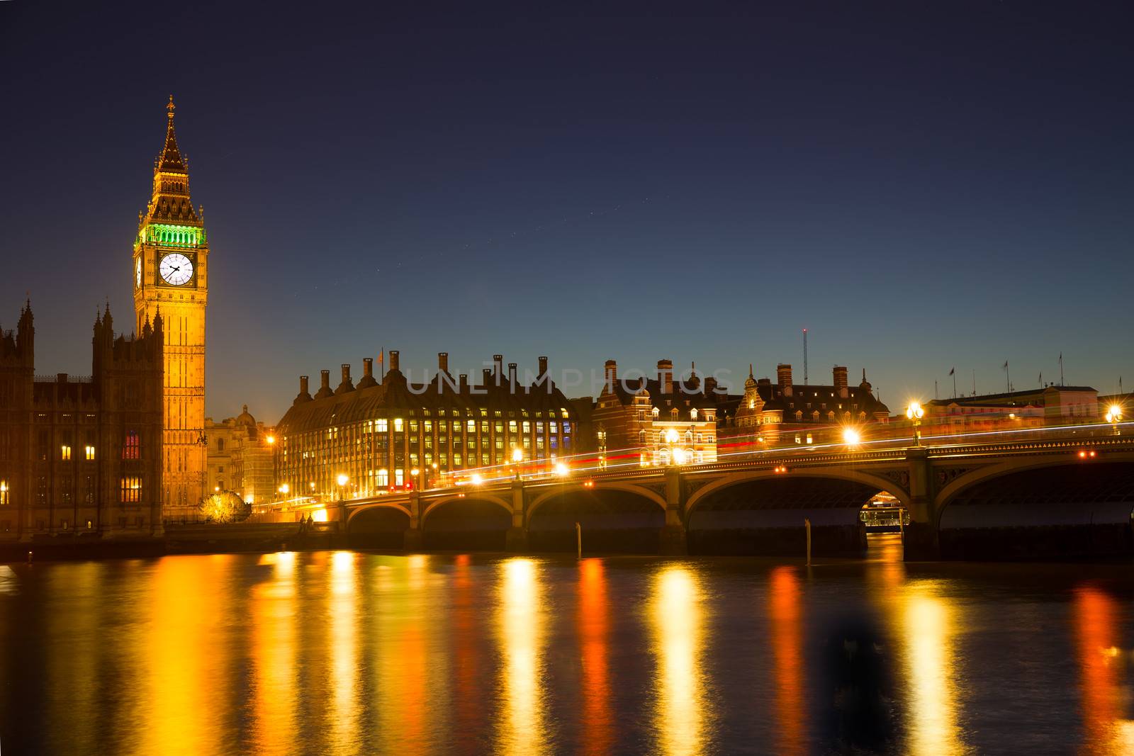 Reflection of Westminster Bridge and the Elizabeth Tower (Big Ben) of the Palace of Westminster in the River Thames