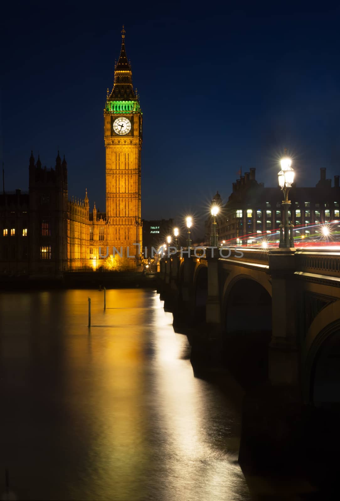 Reflection of the Elizabeth Tower (Big Ben) of the Palace of Westminster in the River Thames