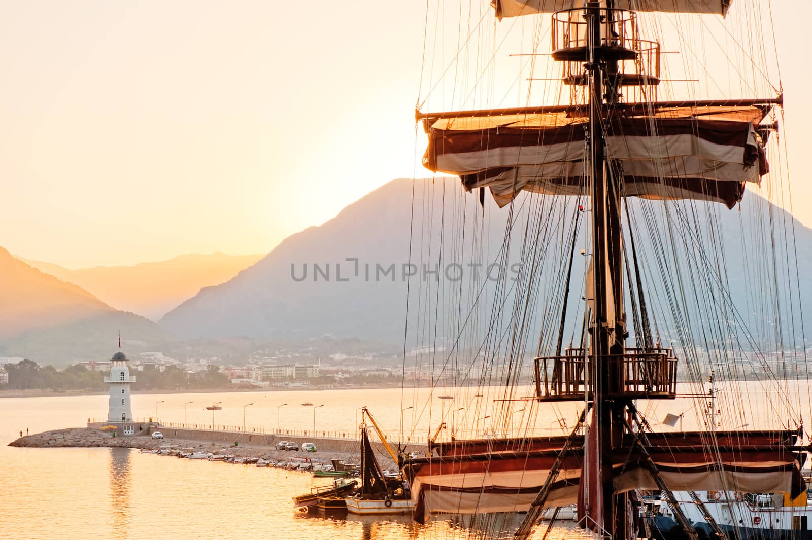 Mast frigate amid bay of Alanya. Turkey.