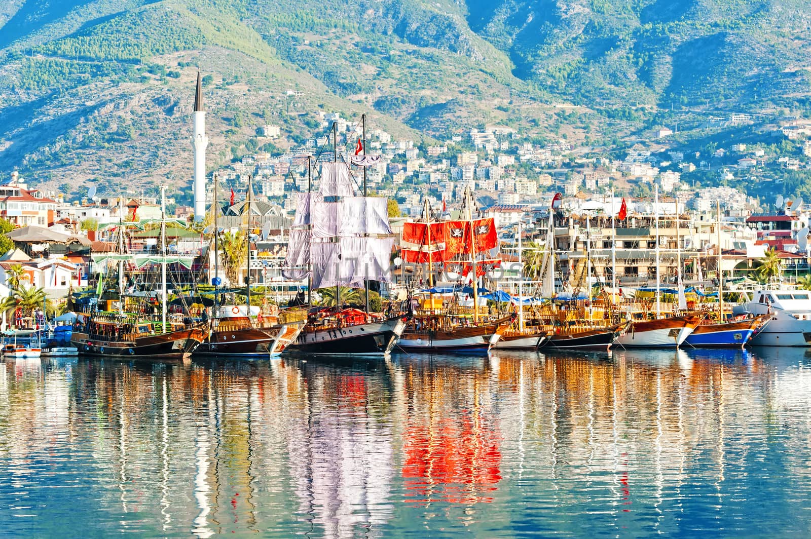 Dinghies on the waterfront of the city of Alanya.