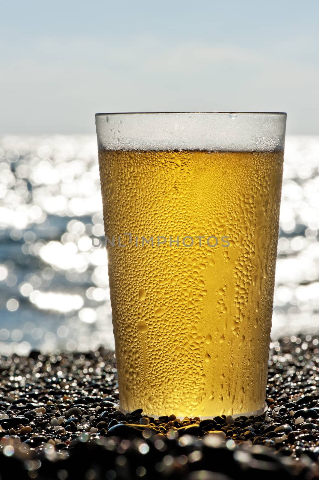 Plastic cup of beer standing on the sand by the sea.