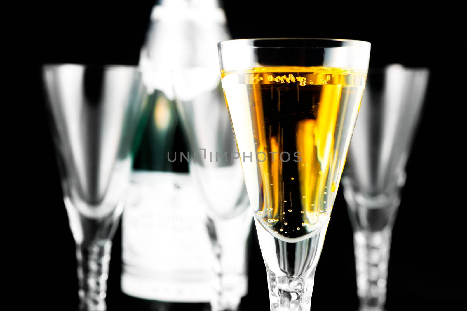 Champagne Flutes and Bottle on Black by kosmsos111