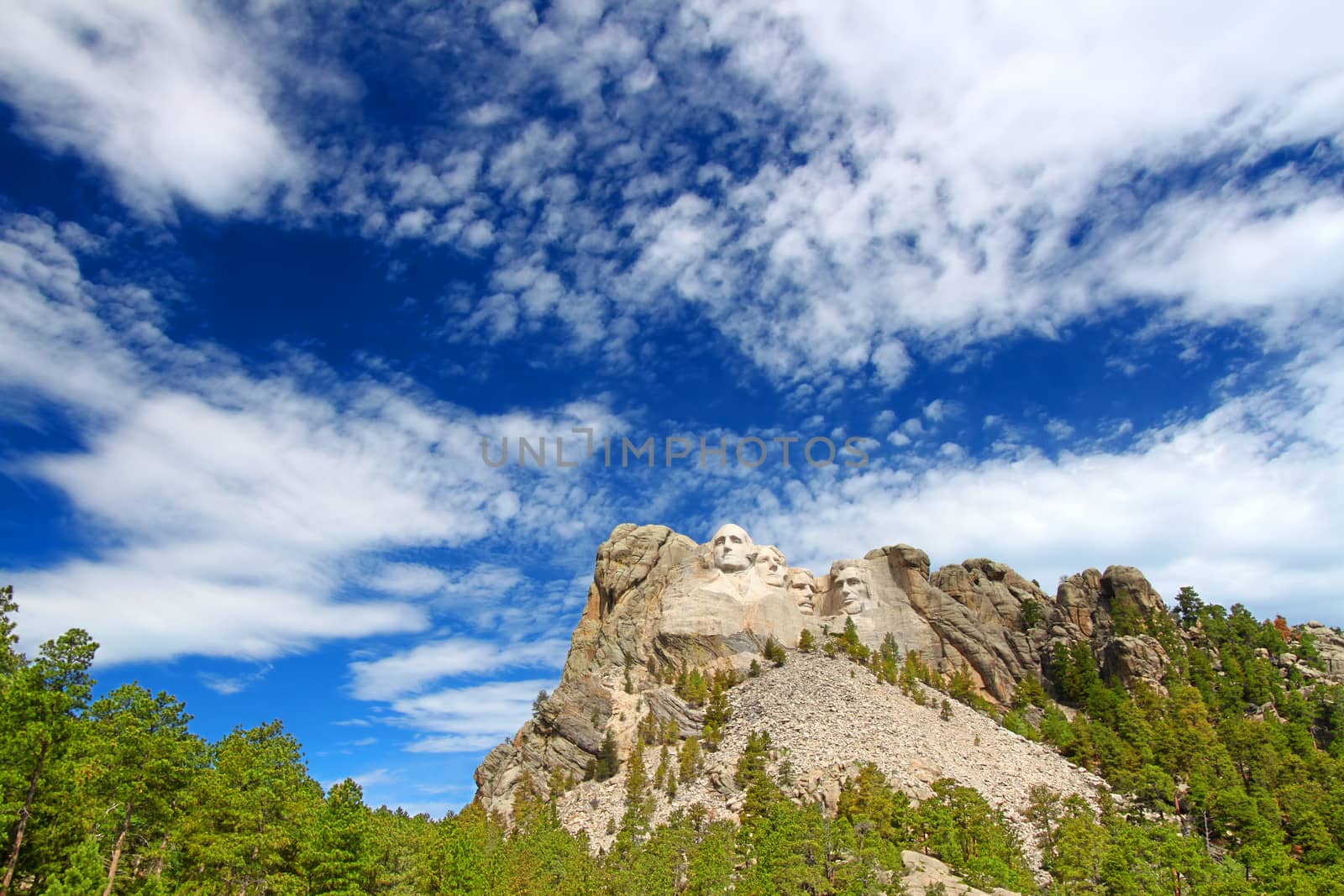 Mount Rushmore National Memorial carved into the peaks of the Black Hills in South Dakota.