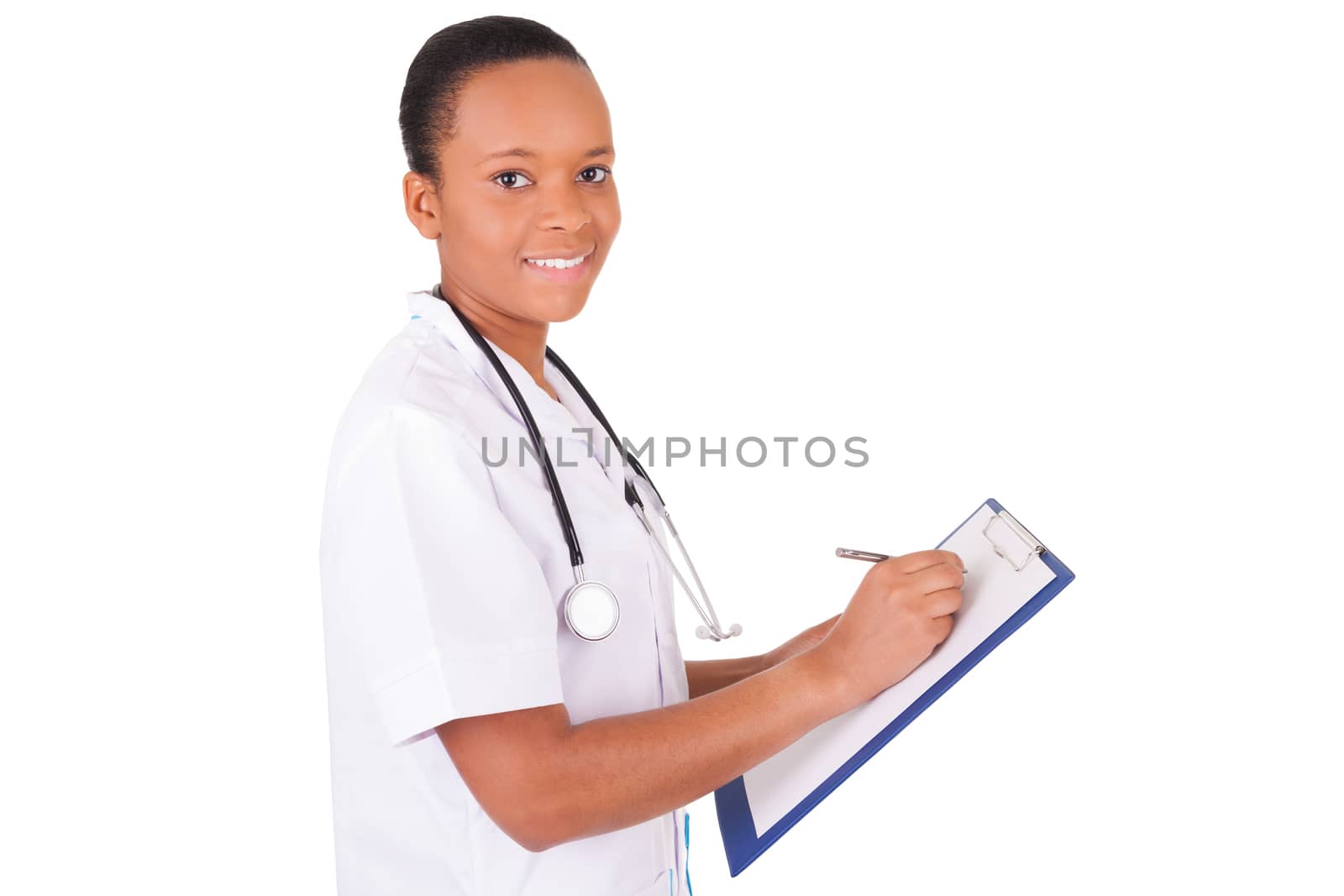 African american woman doctor a over white background, isolated