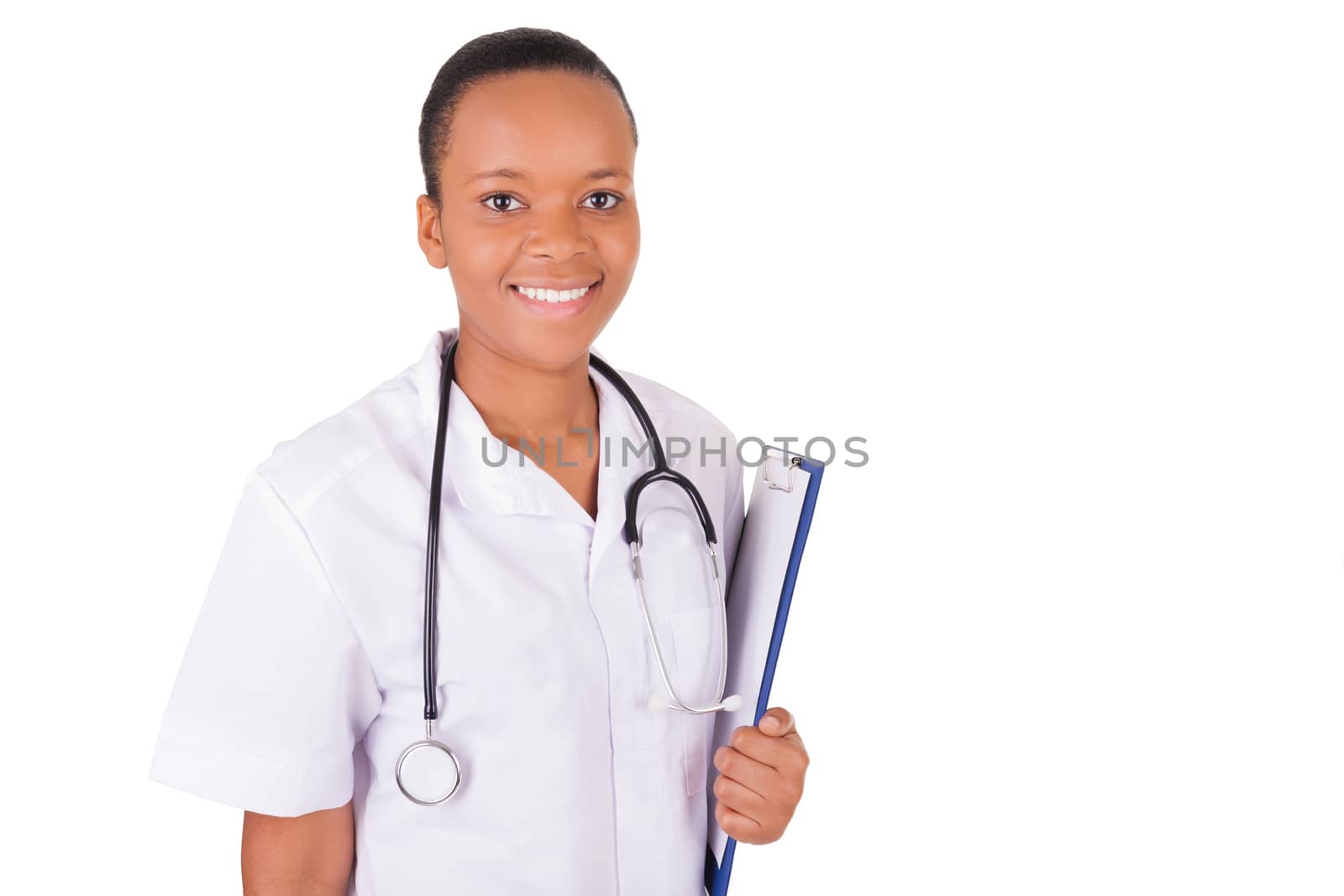 African american woman doctor a over white background, isolated