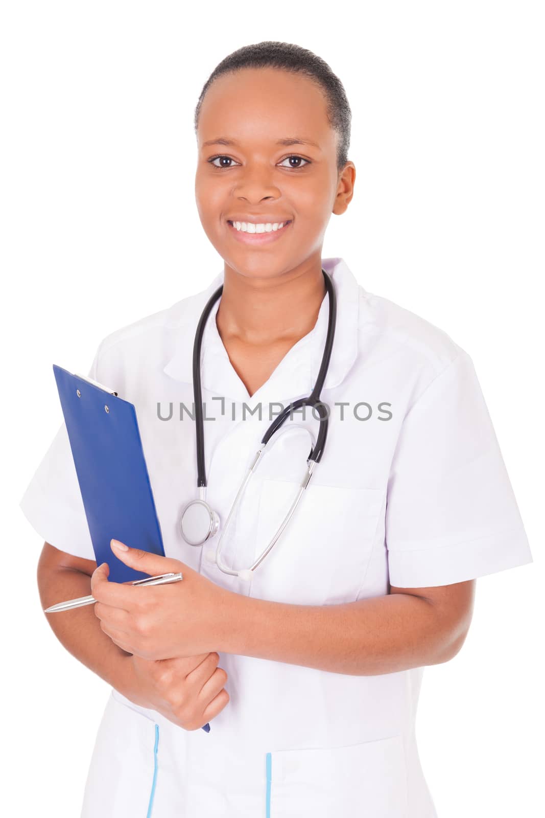 African american woman doctor a over white background, isolated