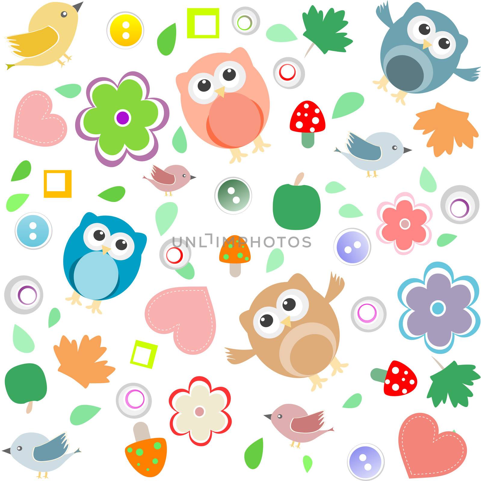 Seamless background with owls, leafs, mushrooms and flowers by fotoscool