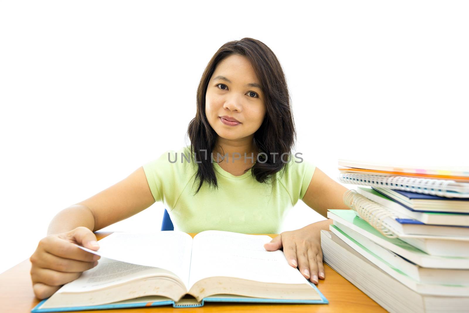 Young college woman reading for education background