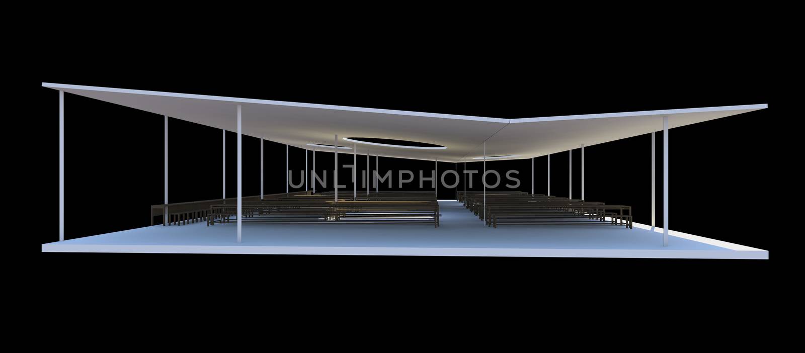 3D Rendered of futuristic architecture, modern canteen on black background