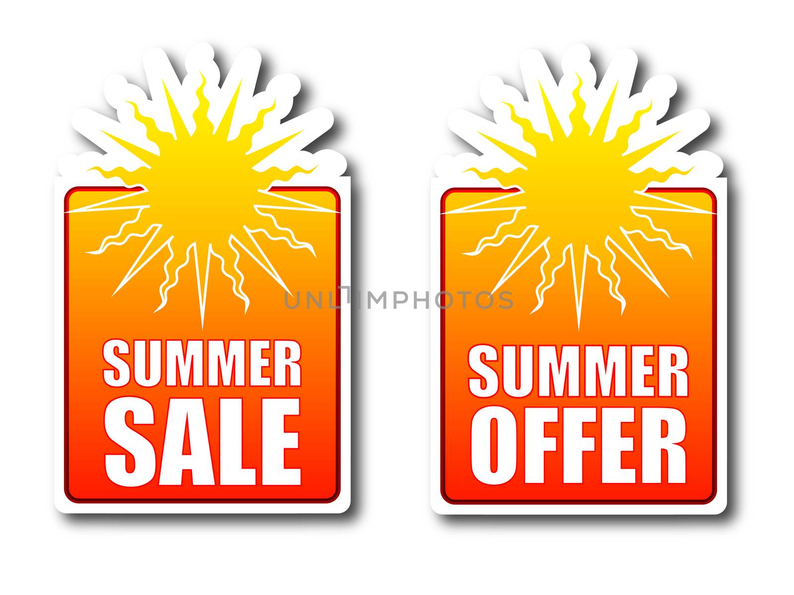 Summer sale and offer orange badges with sun illustration