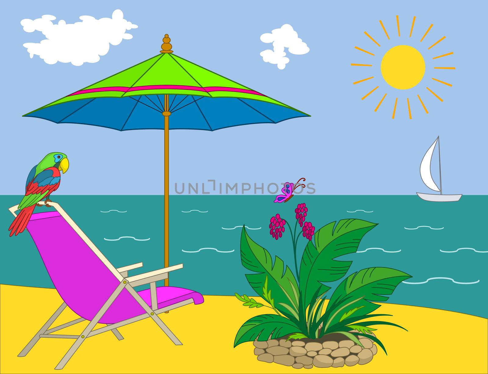 Resort beach: coast with a chaise lounge, umbrella, parrot, flower and yacht.