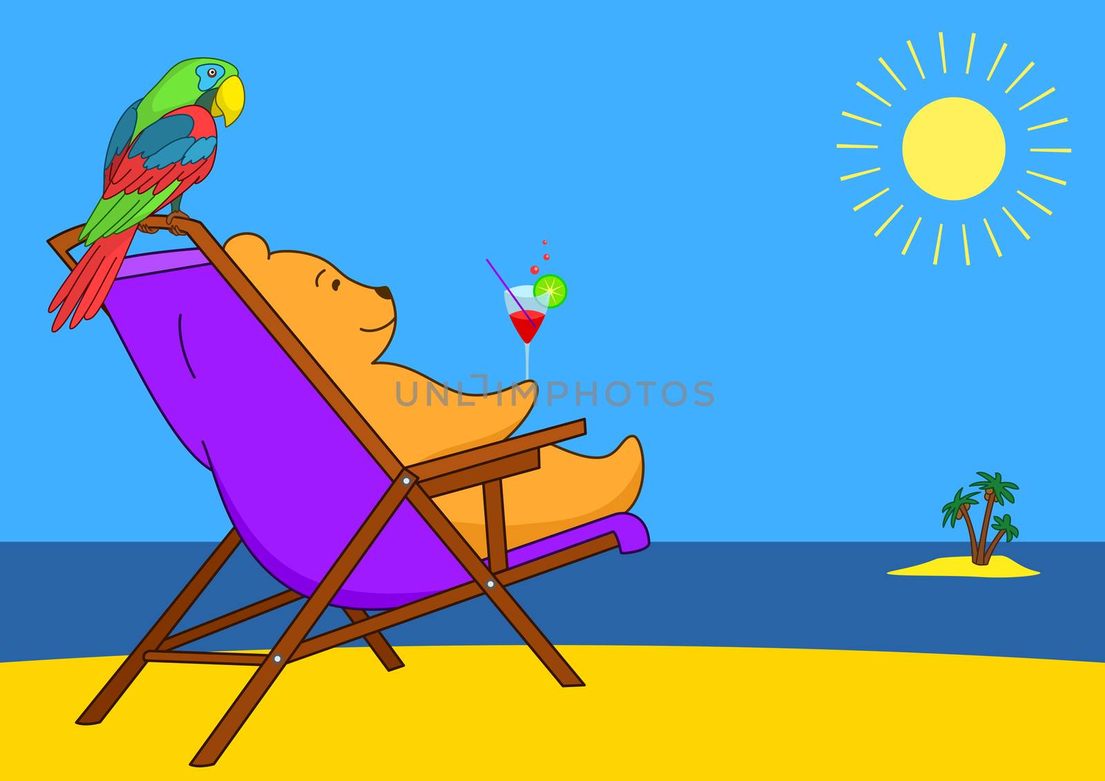 Teddy bear sitting in a chaise lounge on a beach and drinks a cocktail, its friend a parrot there and then sits