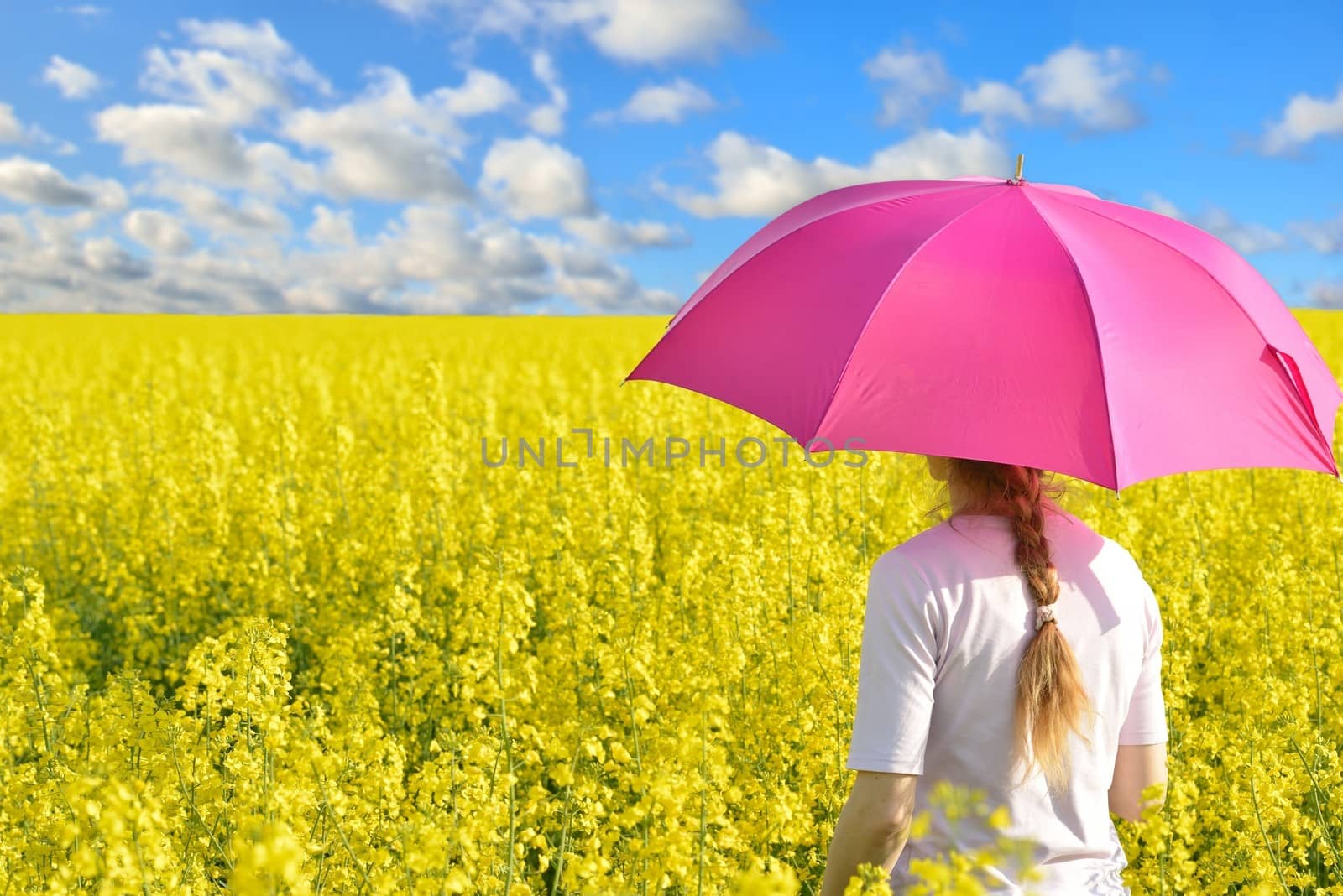 Blonde woman with umbrella in the field of rape