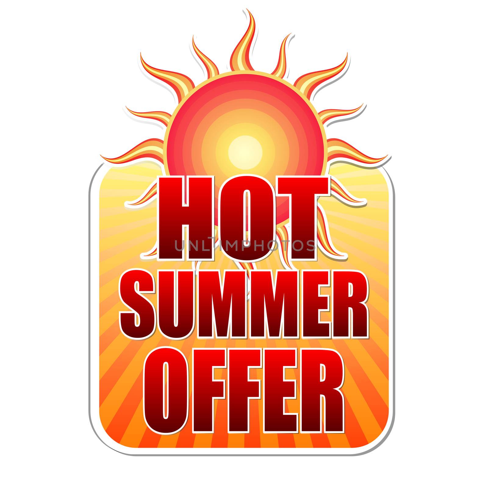 hot summer offer banner - text in yellow label with red sun and orange sunrays, business concept