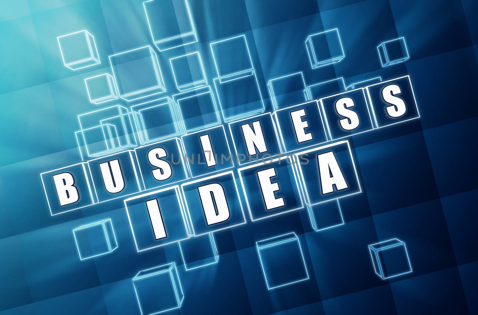 business idea - text in 3d blue glass cubes with white letters, business concept words