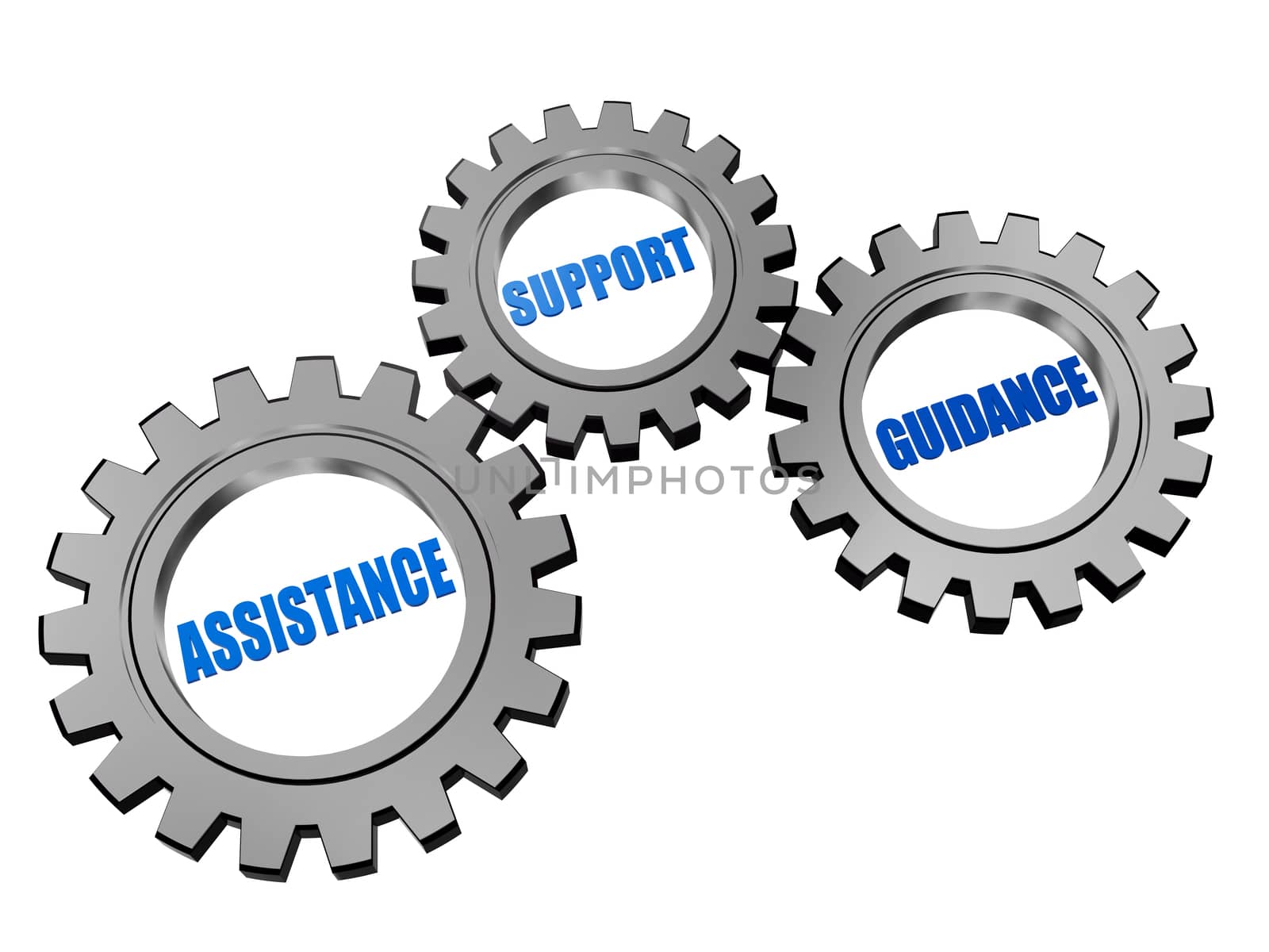 assistance, support, guidance - text in 3d silver grey gearwheels, business concept words