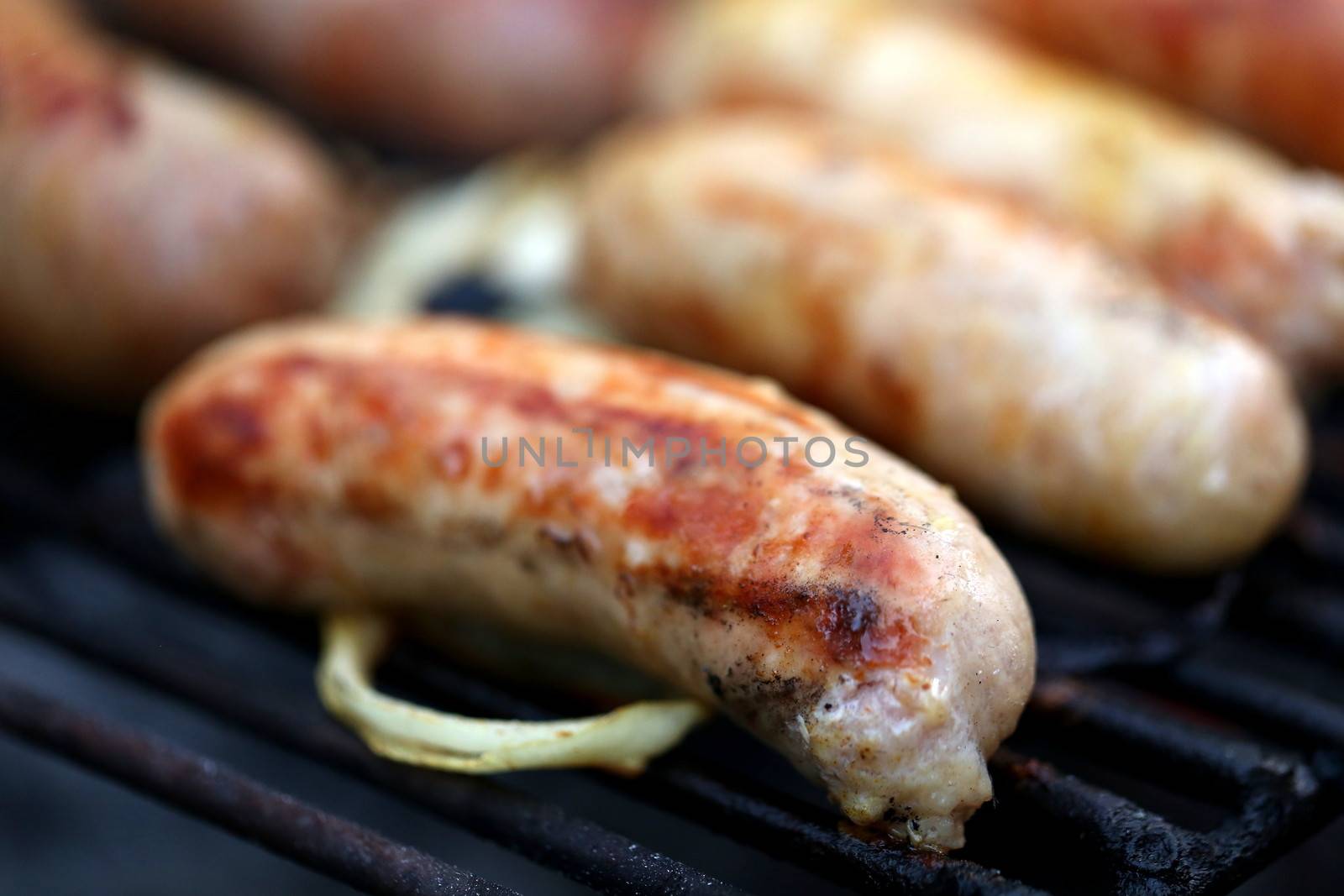 A grilled sausage close up, barbecue