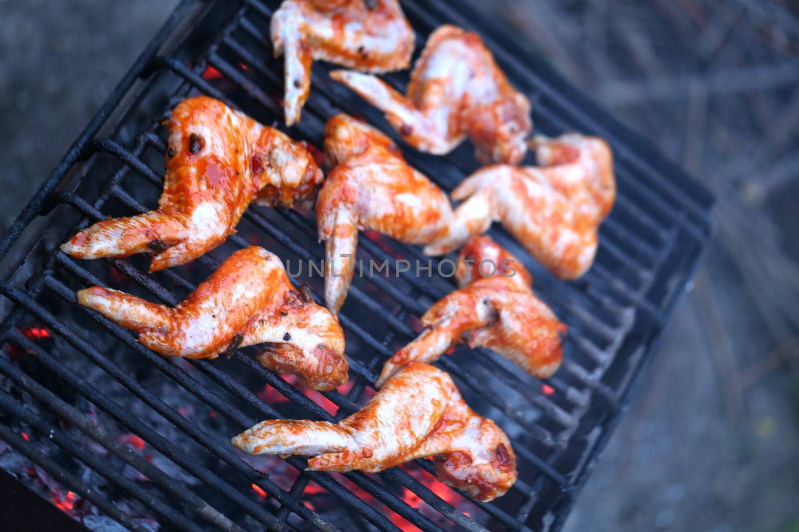  chicken wings being cooked on an outdoor barbeque by indigolotos