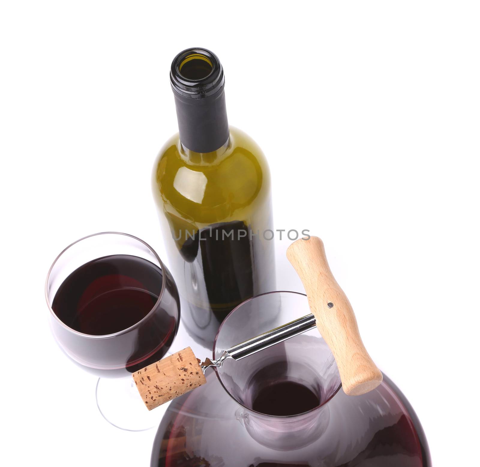decanter, bottle and glass with red wine top view