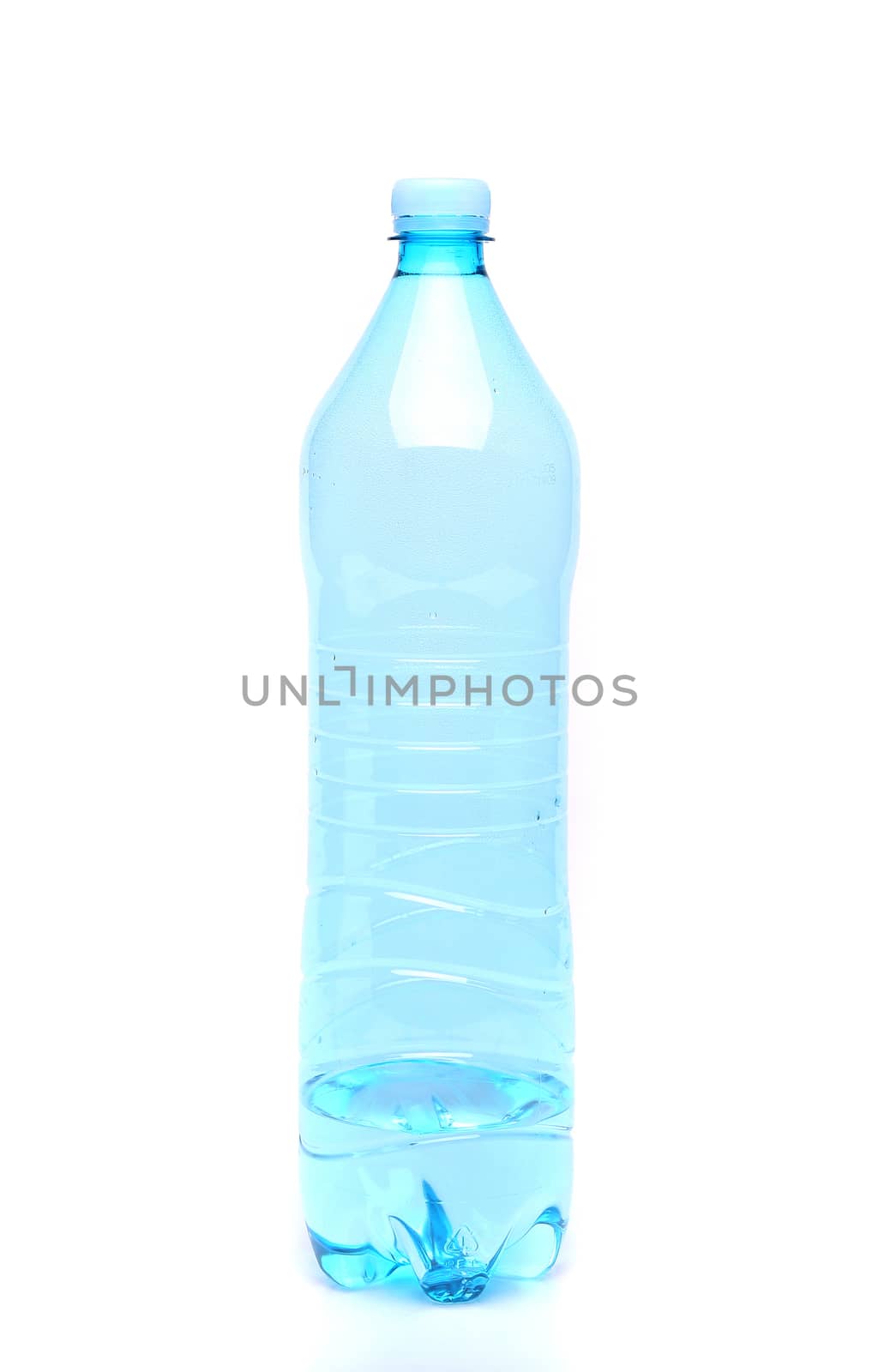 Plastic bottle of drinking water on white background