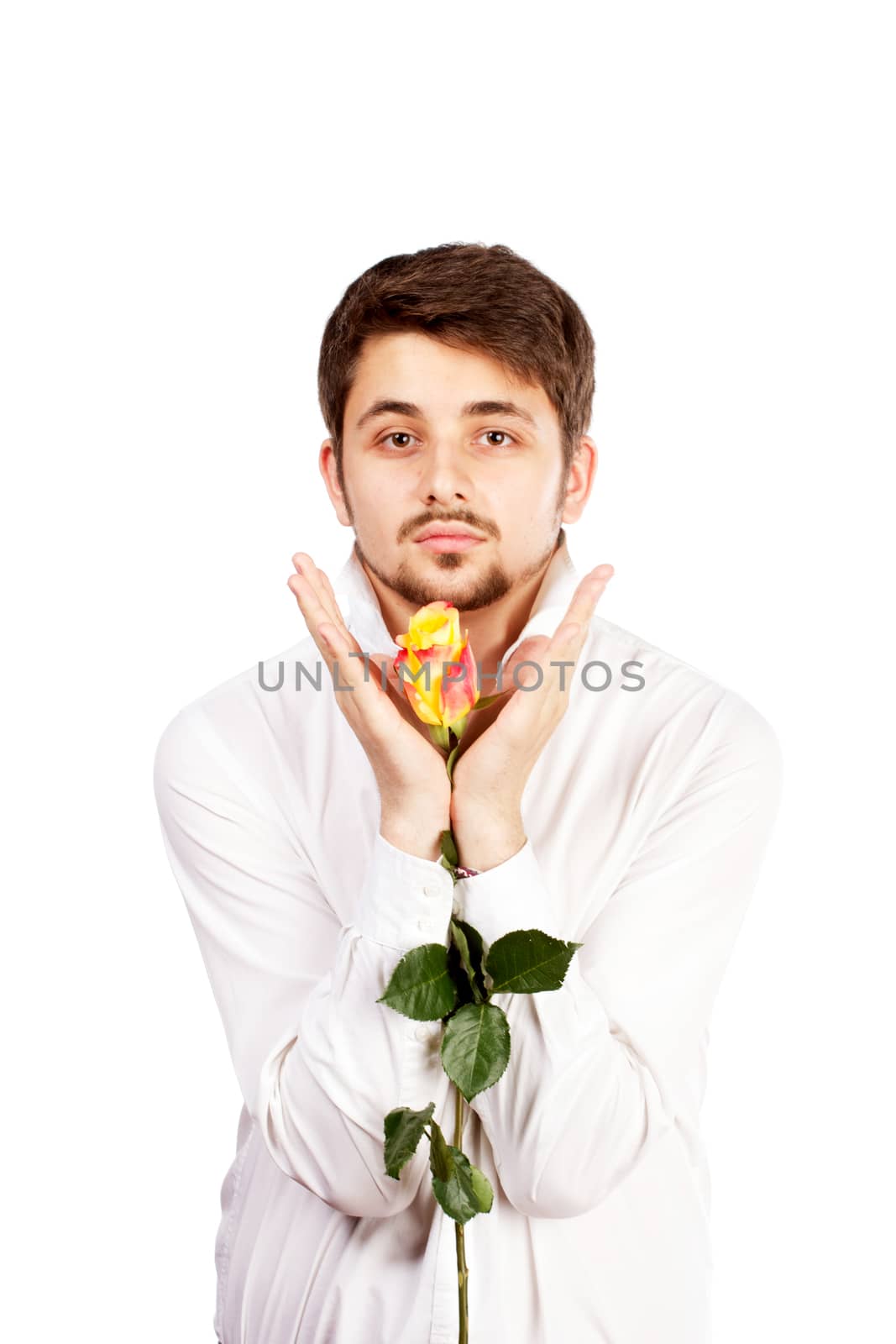 man with rose, isolated on white background.