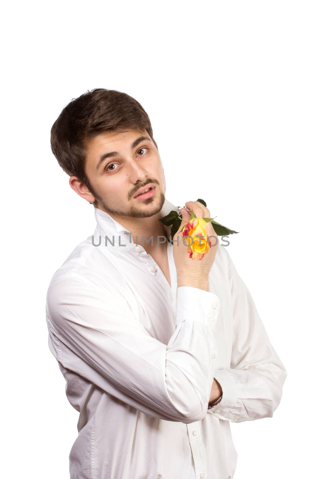 man with rose, isolated on white background.