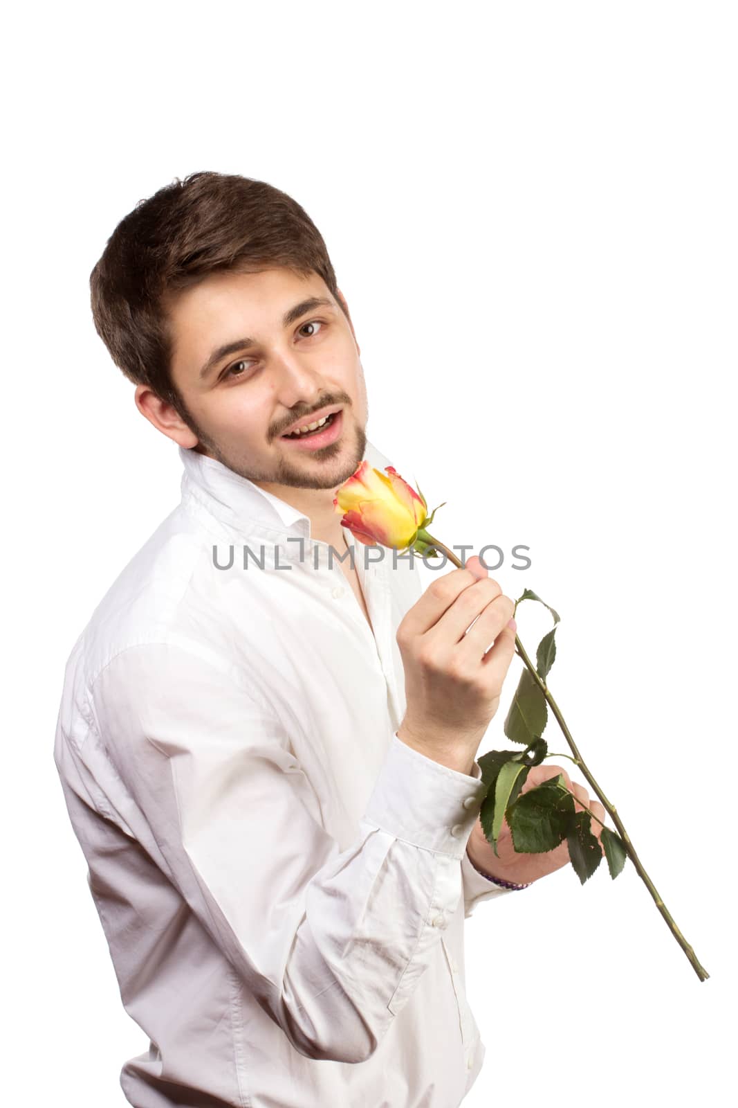 man with rose, isolated on white background.