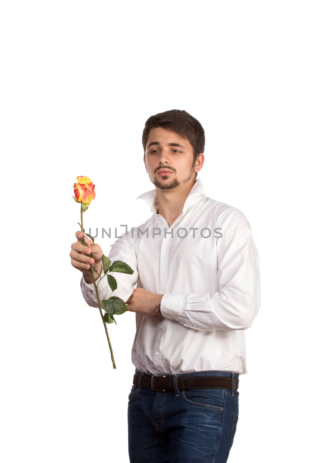 man with rose, isolated on white background.