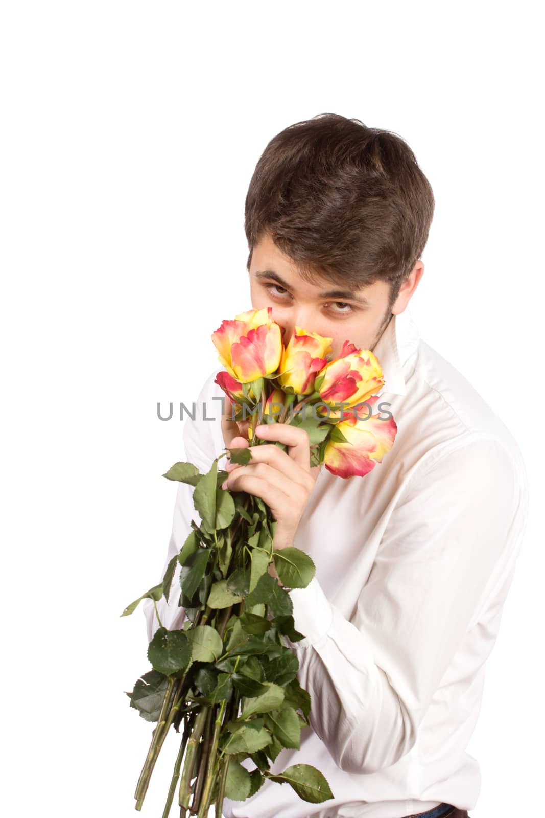 man with bouquet of red roses. Isolated on white.