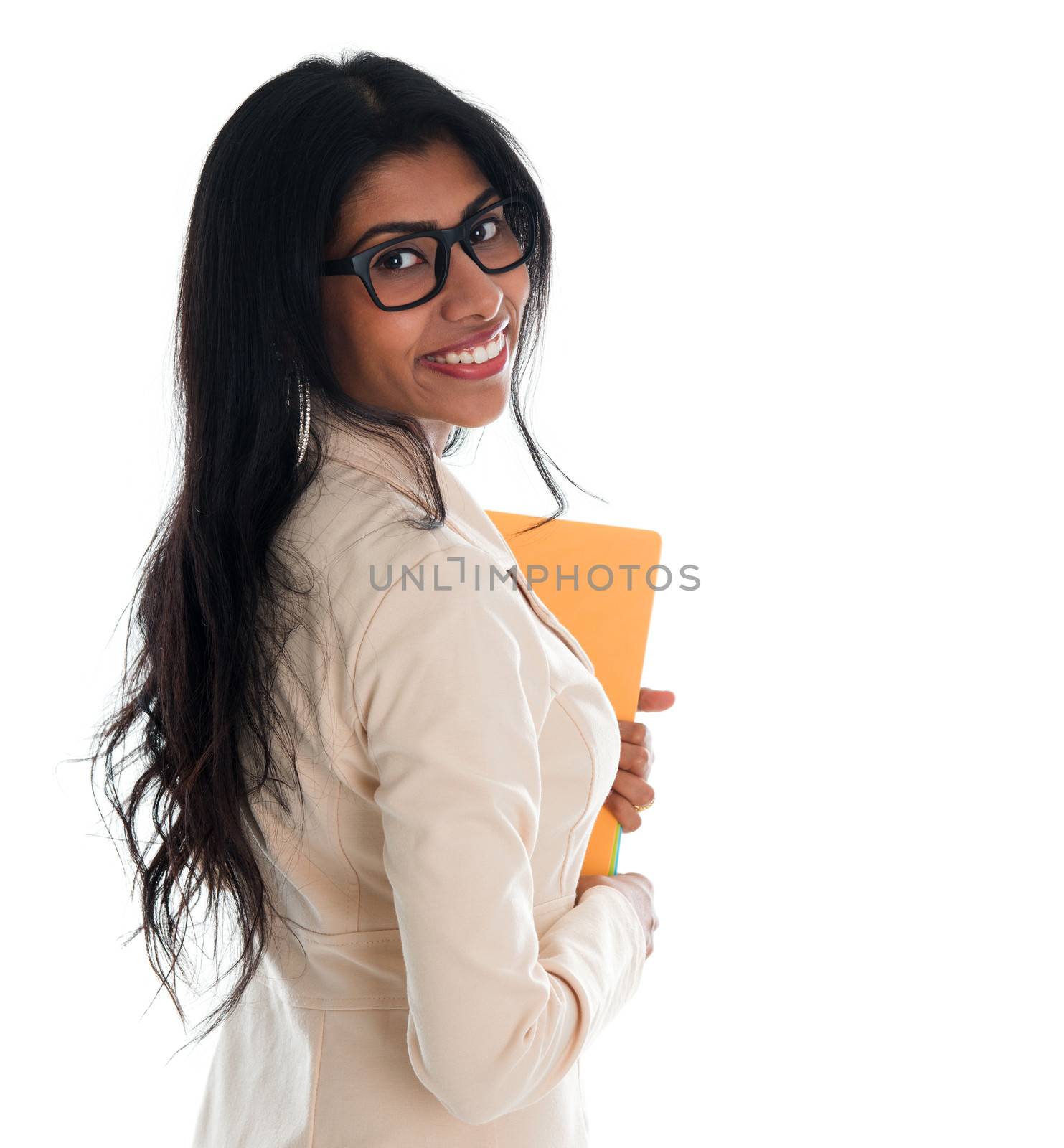 Indian businesswoman holding file folder document. Portrait of beautiful Asian female model standing isolated on white background.