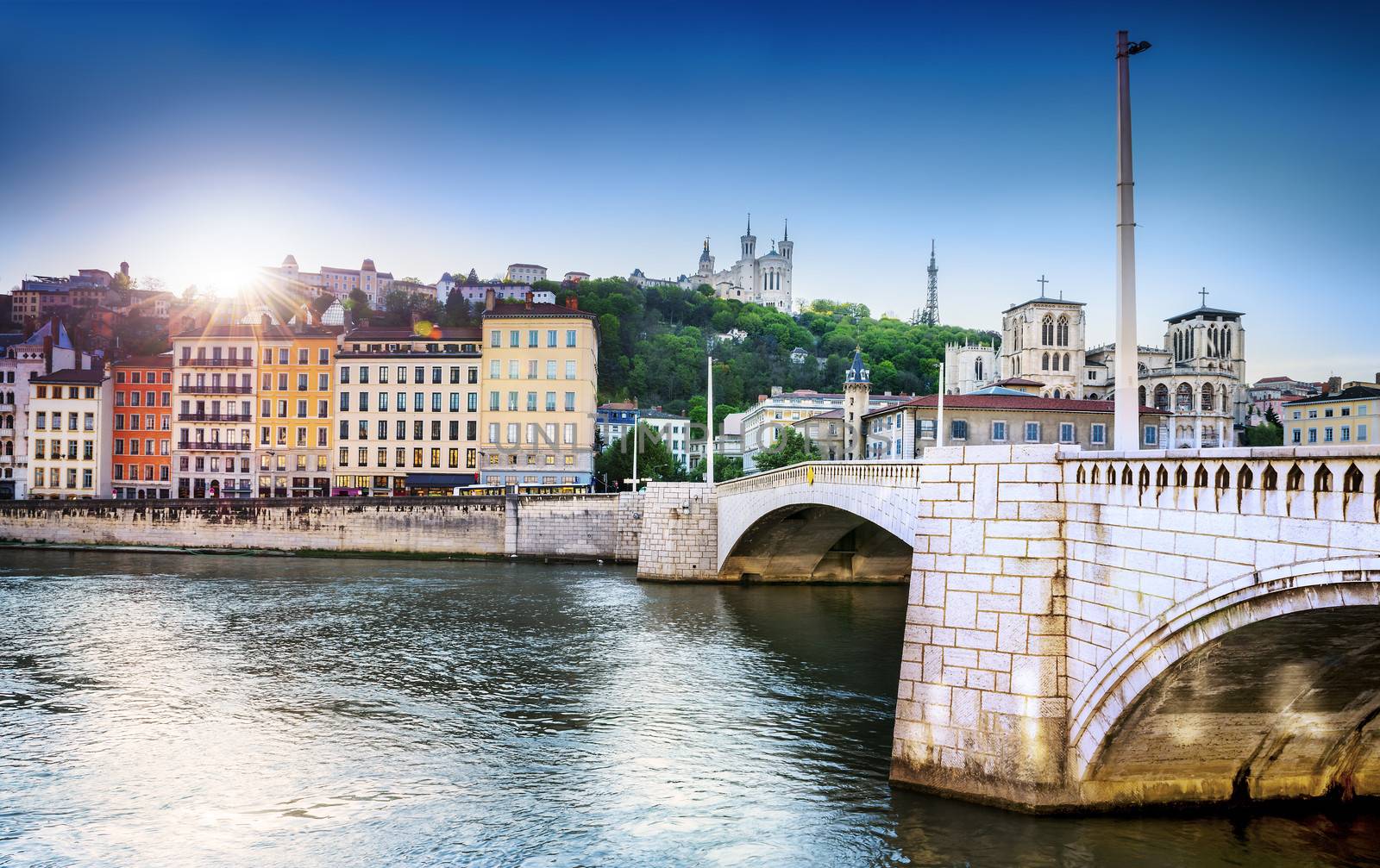 Lyon city in France along the saone river and famous Fourviere cathedral