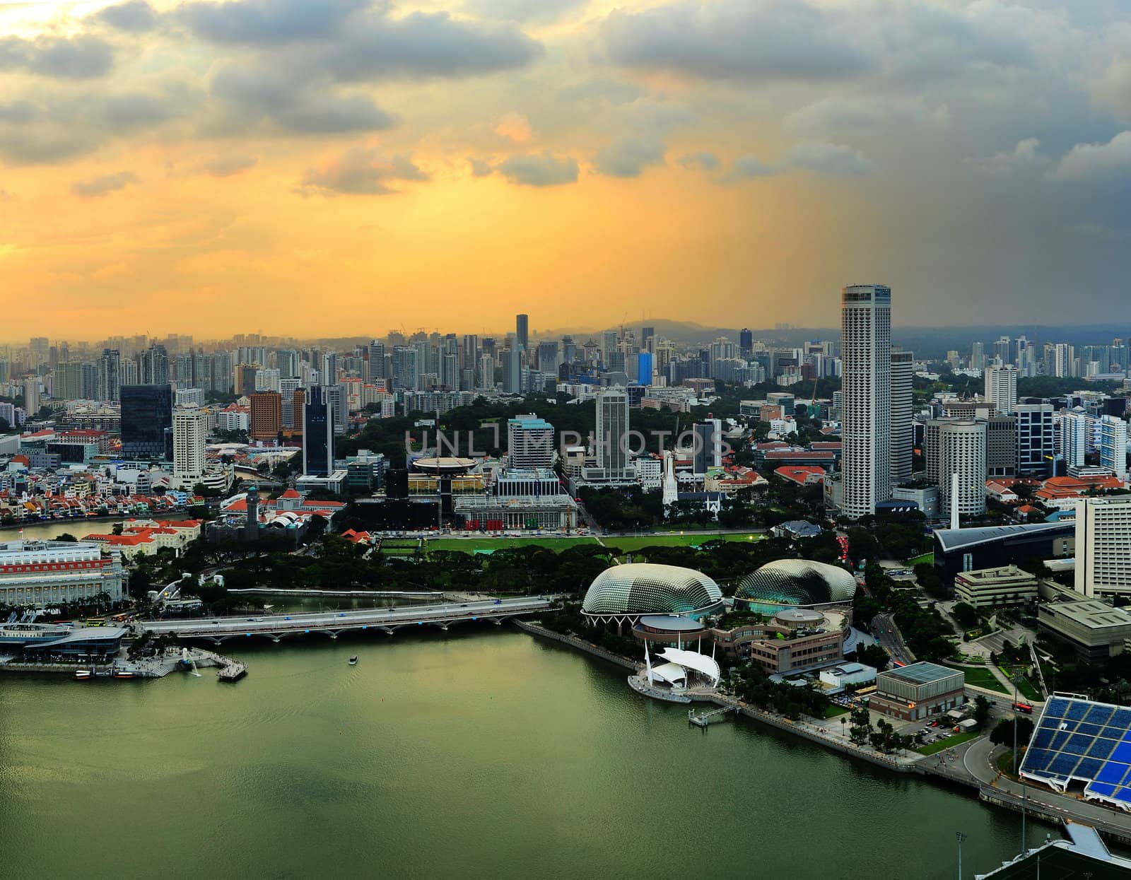 Aerial view of Singapore at  sunset